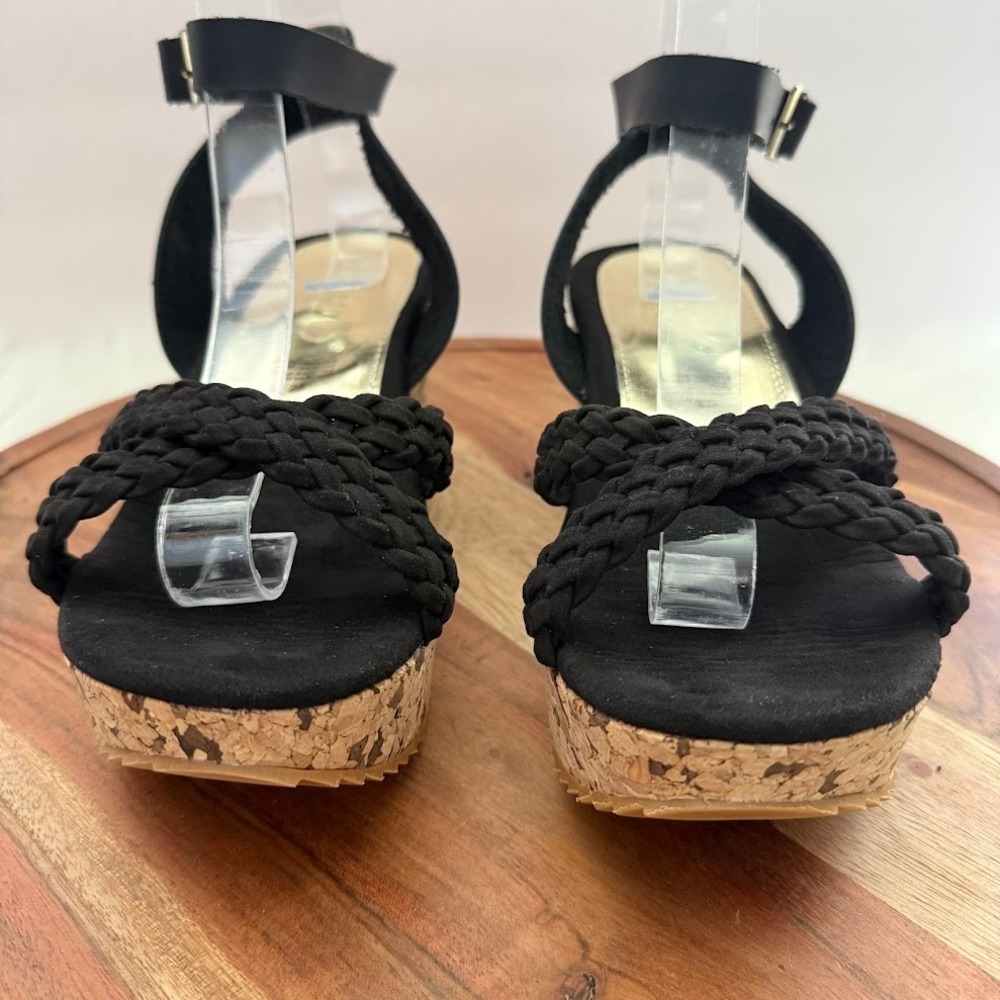 Alicia Leon Womens Black Braided Cork Size 8 Platform Wedge Sandals LIGHT WEIGHT - Picture 2 of 10